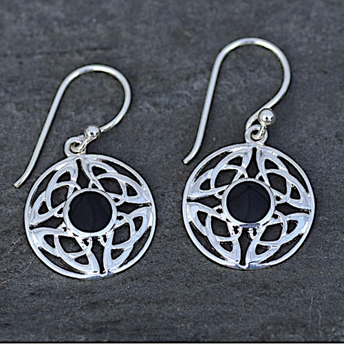 Hand crafted round 925 silver and Whitby Jet Celtic dangly earrings