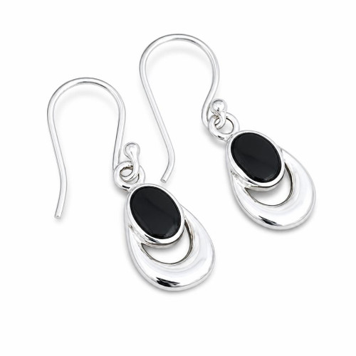 Hand crafted sterling silver horseshoe drop earrings with oval Whitby Jet stones