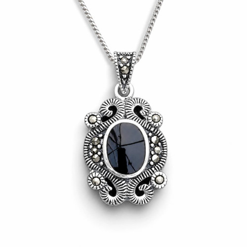 Vintage style fancy sterling silver pendant necklace with oval Whitby Jet and Swiss marcasite