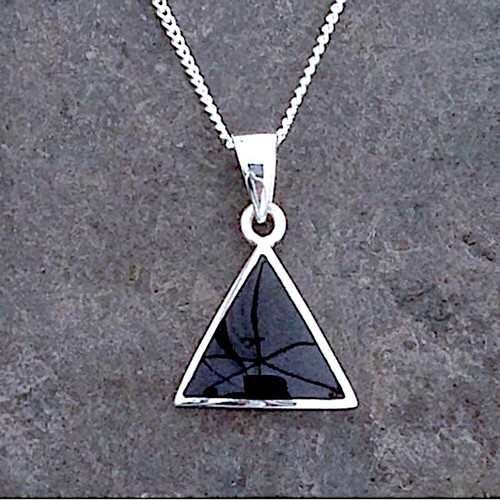 Contemporary Whitby Jet triangle pendant on sterling silver chain