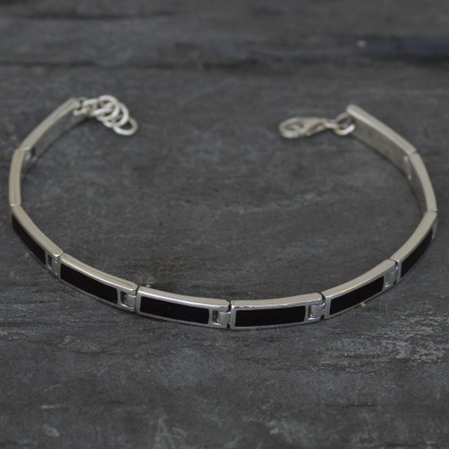 Whitby Jet and sterling silver oblong link bracelet