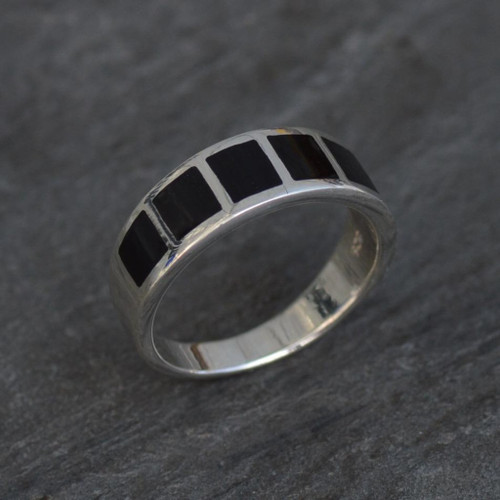 Contemporary sterling silver and Whitby Jet inlay ring