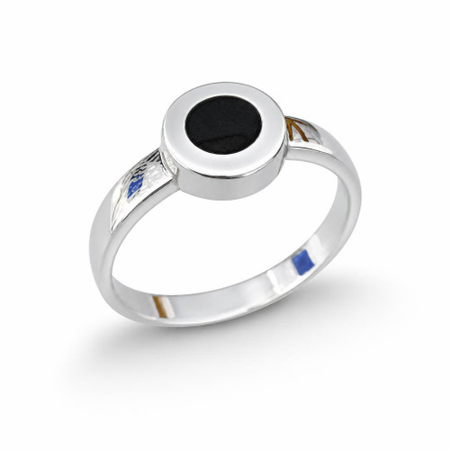 Contemporary sterling silver ring with circular Whitby Jet stone