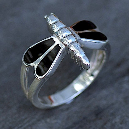 Sterling silver dragonfly ring with four Whitby Jet stones