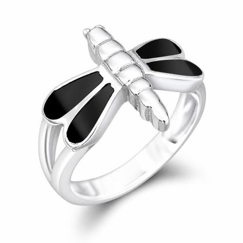 Sterling silver dragonfly multi stone ring with split shoulder and Whitby Jet wings
