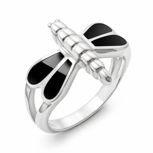 Sterling silver dragonfly multi stone ring with split shoulder and Whitby Jet wings