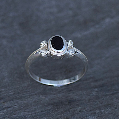 Ladies fancy sterling silver ring with oval Whitby Jet stone and scroll shoulder