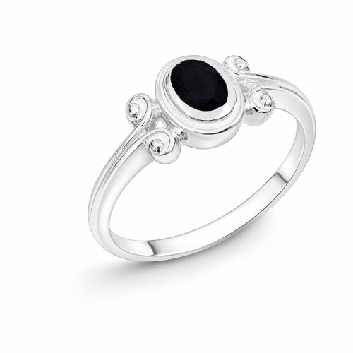 Hand crafted sterling silver ring with oval Whitby Jet and ribbed scroll shoulder