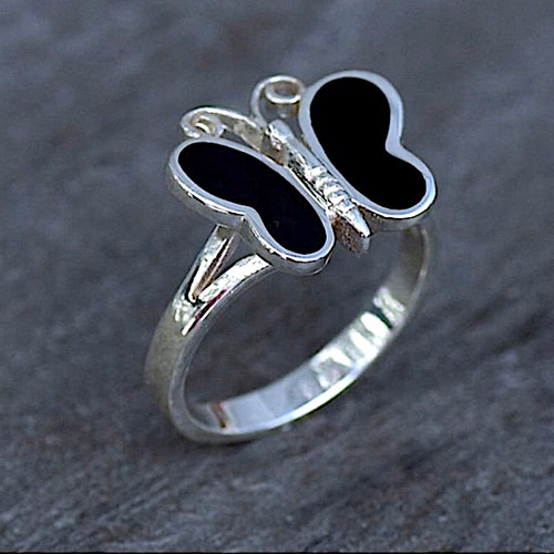 Hand crafted solid silver butterfly ring with black wings
