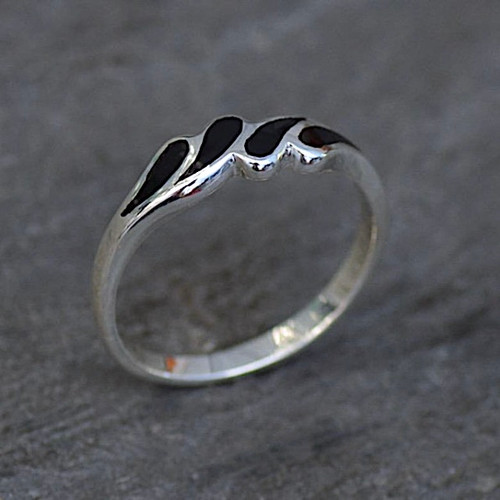 Hand crafted 925 silver narrow ring with flush set teardrop Whitby Jet stones