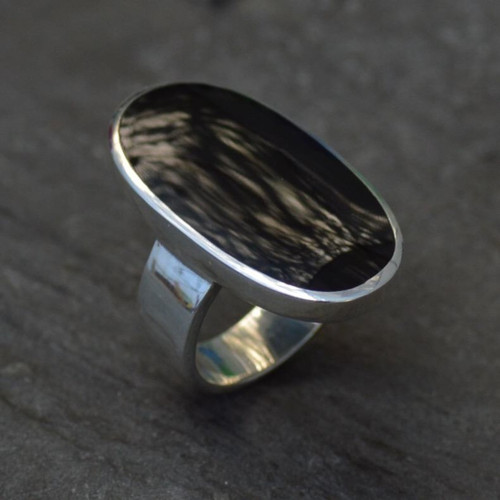 Sterling silver ring with extra large oval Whitby Jet stone and wide band