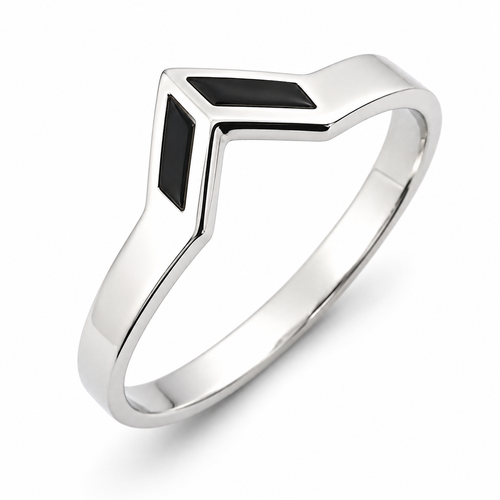 Hand crafted contemporary slim pointed sterling silver ring inlaid with Whitby Jet