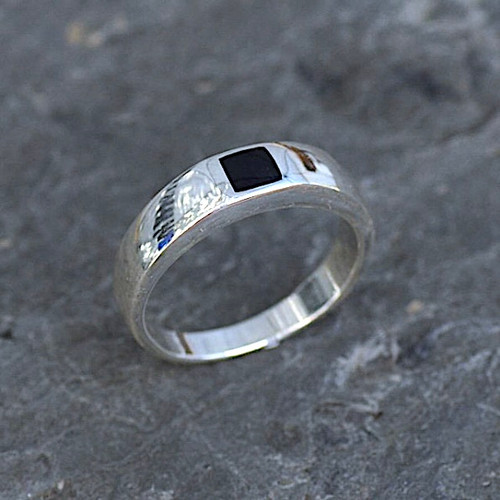 Hand crafted sterling silver square stone Whitby Jet inlay ring with gift box