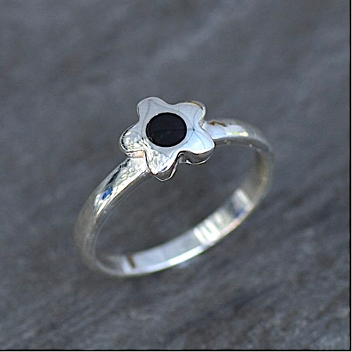 Hand crafted contemporary sterling silver and Whitby Jet flower ring