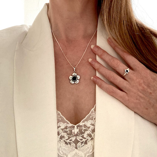 Sterling Silver Contemporary Whitby Jet Flower Ring 022JR