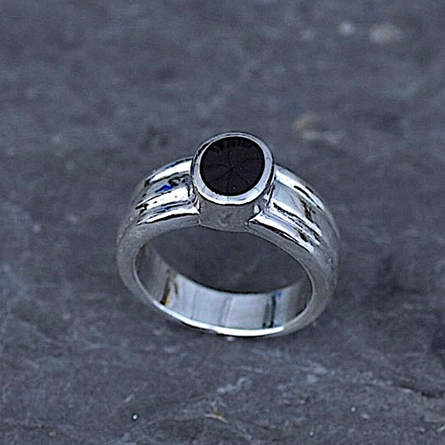 Hand crafted wide sterling silver ring with oval Whitby Jet stone and ribbed band