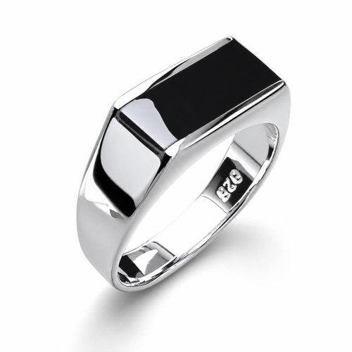 925 silver oblong signet ring with hand carved organic black gemstone