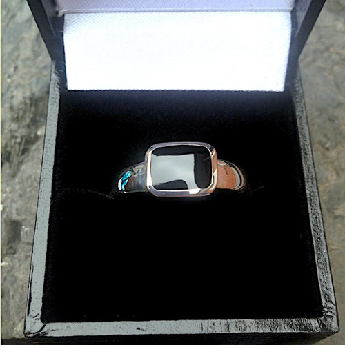 Sterling silver ring with hand carved rectangular Whitby Jet stone