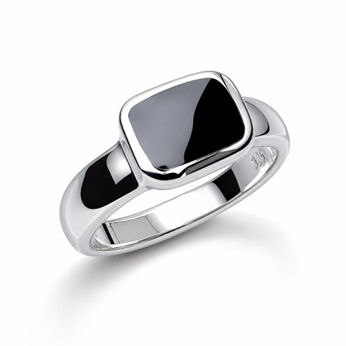 Sterling silver ring with rounded band and hand carved rectangular Whitby Jet 