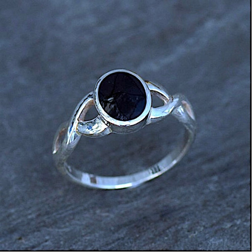 Ladies sterling silver Celtic inspired ring with oval Whitby Jet stone