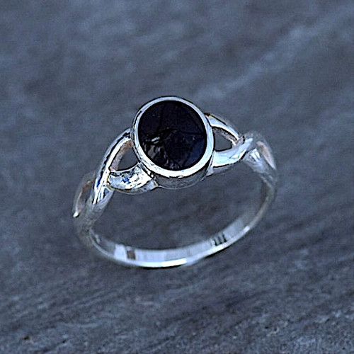 Hand crafted sterling silver ring with Celtic split shoulder and oval Whitby Jet