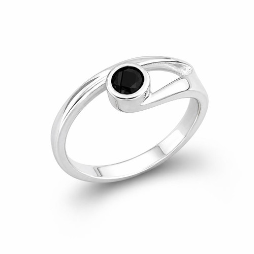 Asymmetrical Sterling silver split shoulder Whitby Jet circular stone ring