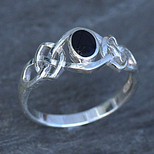 Classic Celtic sterling silver and Whitby Jet ring