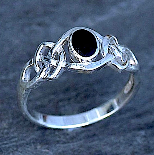 Hand crafted 925 silver and Whitby Jet oval stone Celtic inspired ring