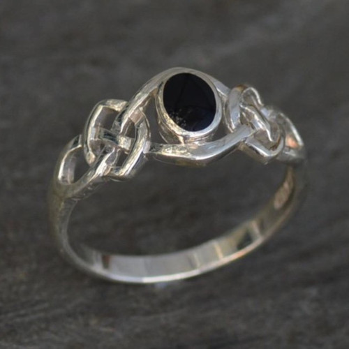 Classic Celtic sterling silver and Whitby Jet ring