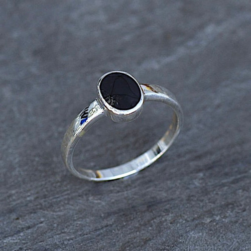 Ladies classic slim sterling silver ring with oval Whitby Jet stone