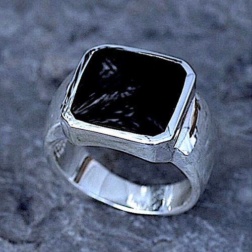 Hand crafted large square stone sterling silver Whitby Jet gents signet ring