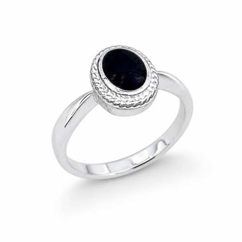 Sterling silver Whitby Jet ring with oval rope edge detail