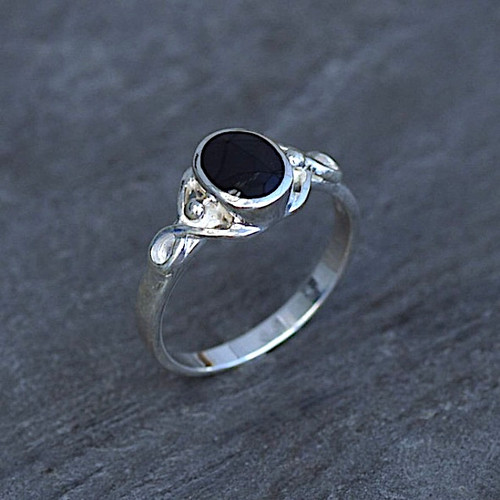 Sterling silver ring with oval Whitby Jet stone and Celtic loop detail