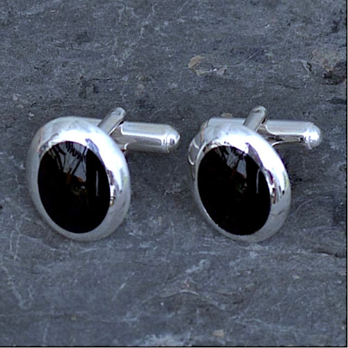 Hand crafted sterling silver T bar cufflinks with oval curved cushion edge Whitby Jet stones