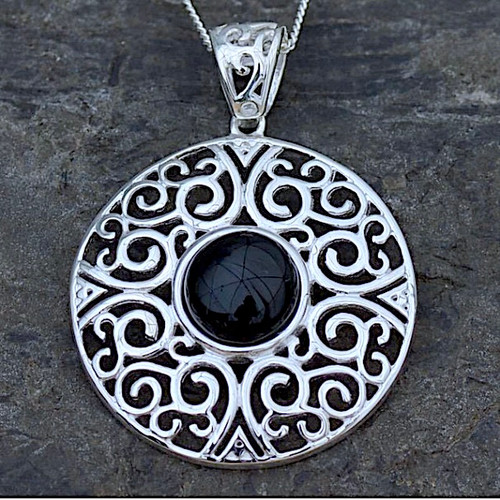 Large hand crafted round sterling silver fret work Whitby Jet pendant necklace