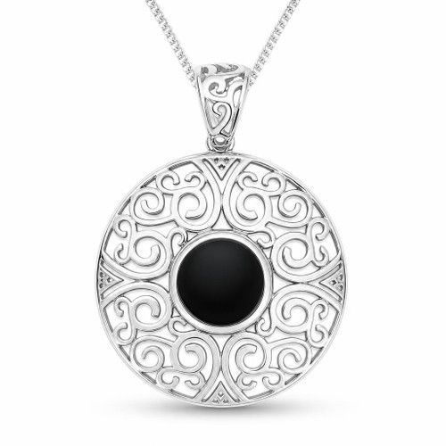 Large hand crafted round sterling silver fret work Whitby Jet pendant necklace