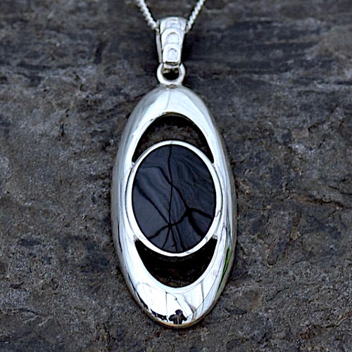 Large hand crafted elongated open oval Whitby Jet sterling silver pendant necklace