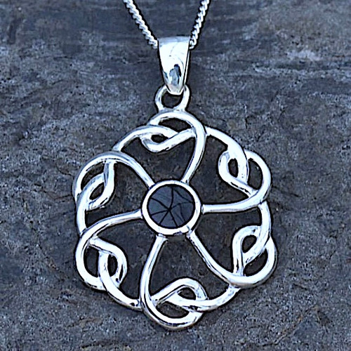 Large round Whitby Jet and sterling silver Celtic knot pendant necklace