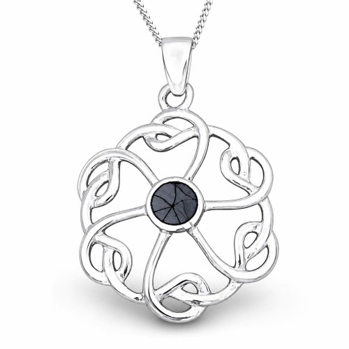 Large round Whitby Jet and sterling silver Celtic knot pendant necklace