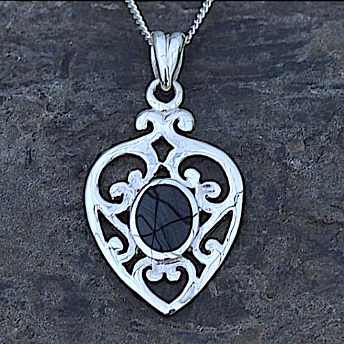 Hand crafted ornate Whitby Jet heart pendant necklace with sterling silver scrolls