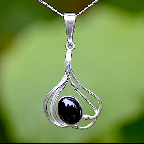 Modern open sterling silver stranded swirly necklace with Whitby Jet stone