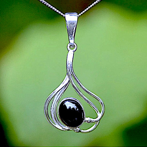 Contemporary sterling silver open curved pendant oval Whitby Jet cabochon