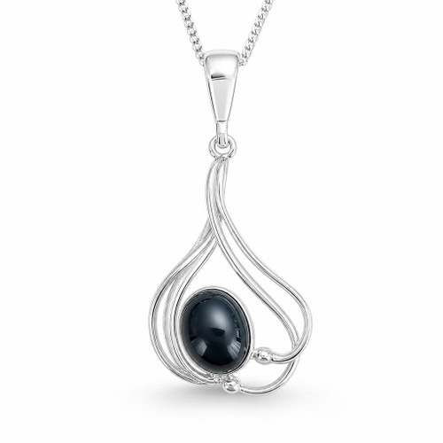 Contemporary sterling silver open curved pendant oval Whitby Jet cabochon