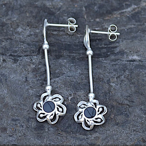 Long slim modern sterling silver and Whitby Jet flower drop earrings with stud fastenings