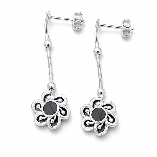 Long slim modern sterling silver and Whitby Jet flower drop earrings with stud fastenings