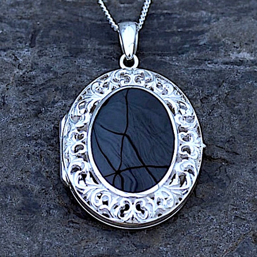 Large fancy filigree sterling silver and Whitby Jet oval locket pendant necklace