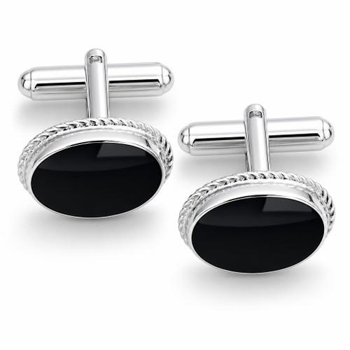 925 Sterling silver cufflinks with oval rope edge Whitby Jet stones and swivel T bar fastenings