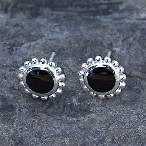Large round beaded sterling silver stud earrings with hand carved Whitby Jet