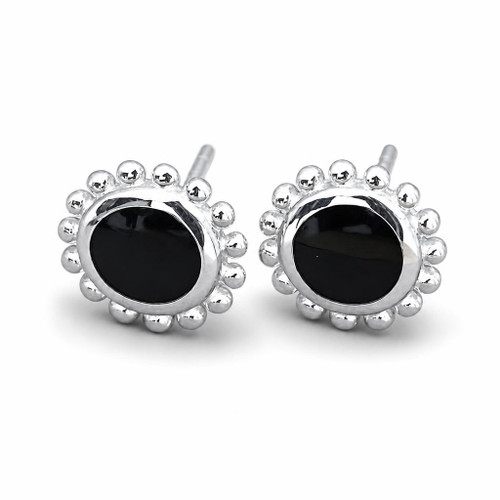 Large round beaded sterling silver stud earrings with hand carved Whitby Jet