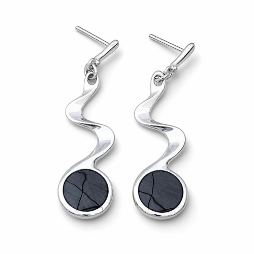 Contemporary sterling silver Whitby Jet wavy ribbon twist drop earrings stud fastenings